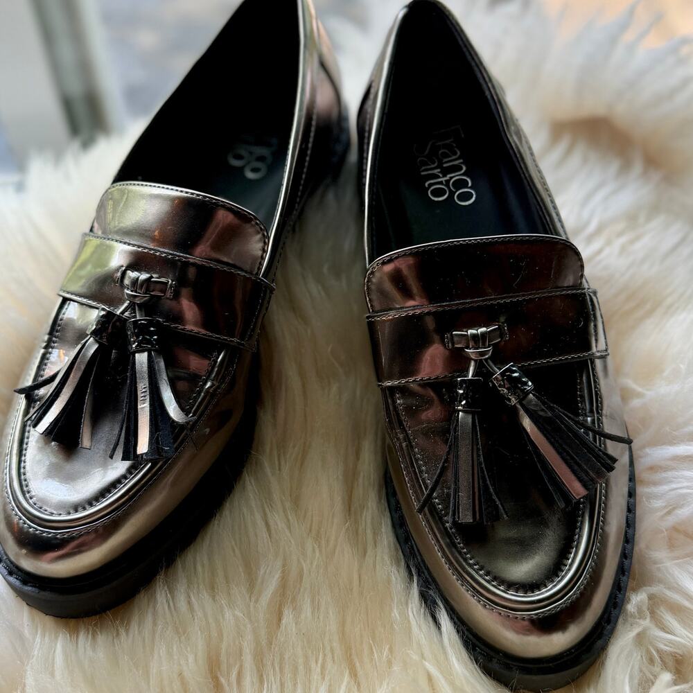Franco Sarto Carolynn Metallic Pewter Lug Sole Tassel Loafers - Size 7 (NWOB)
